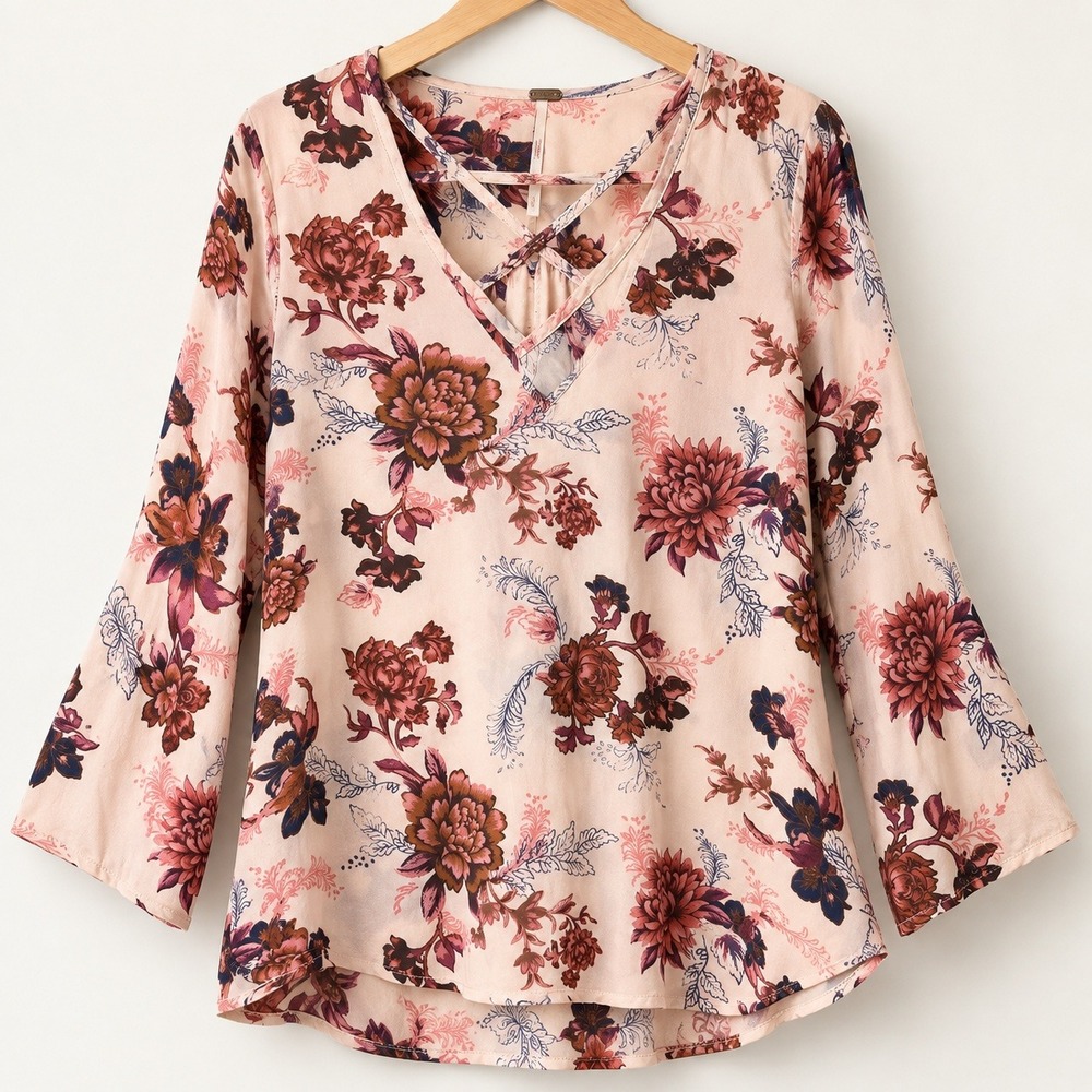 Free People Floral Crisscross V-Neck Bell Sleeve Tunic Top Blush Pink Womens M